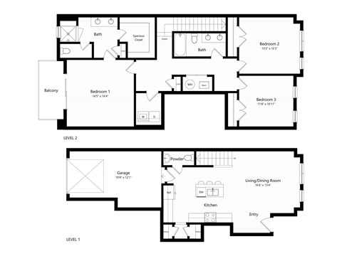 Floor plan for 3 beds, 2.5 baths, 1544 sqft